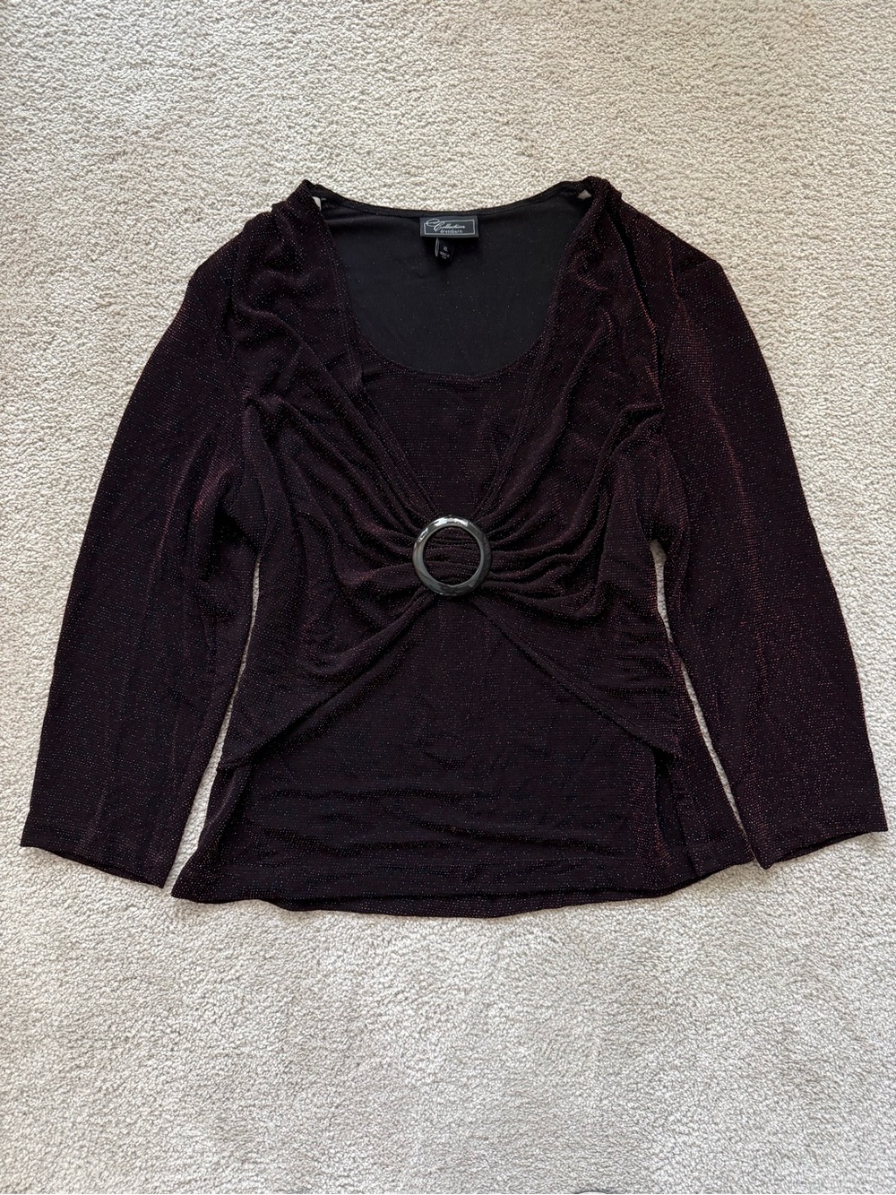 Collection Dressbarn Y2K Red Sparkly Black Metallic Ring-Detail Long Sleeve Top